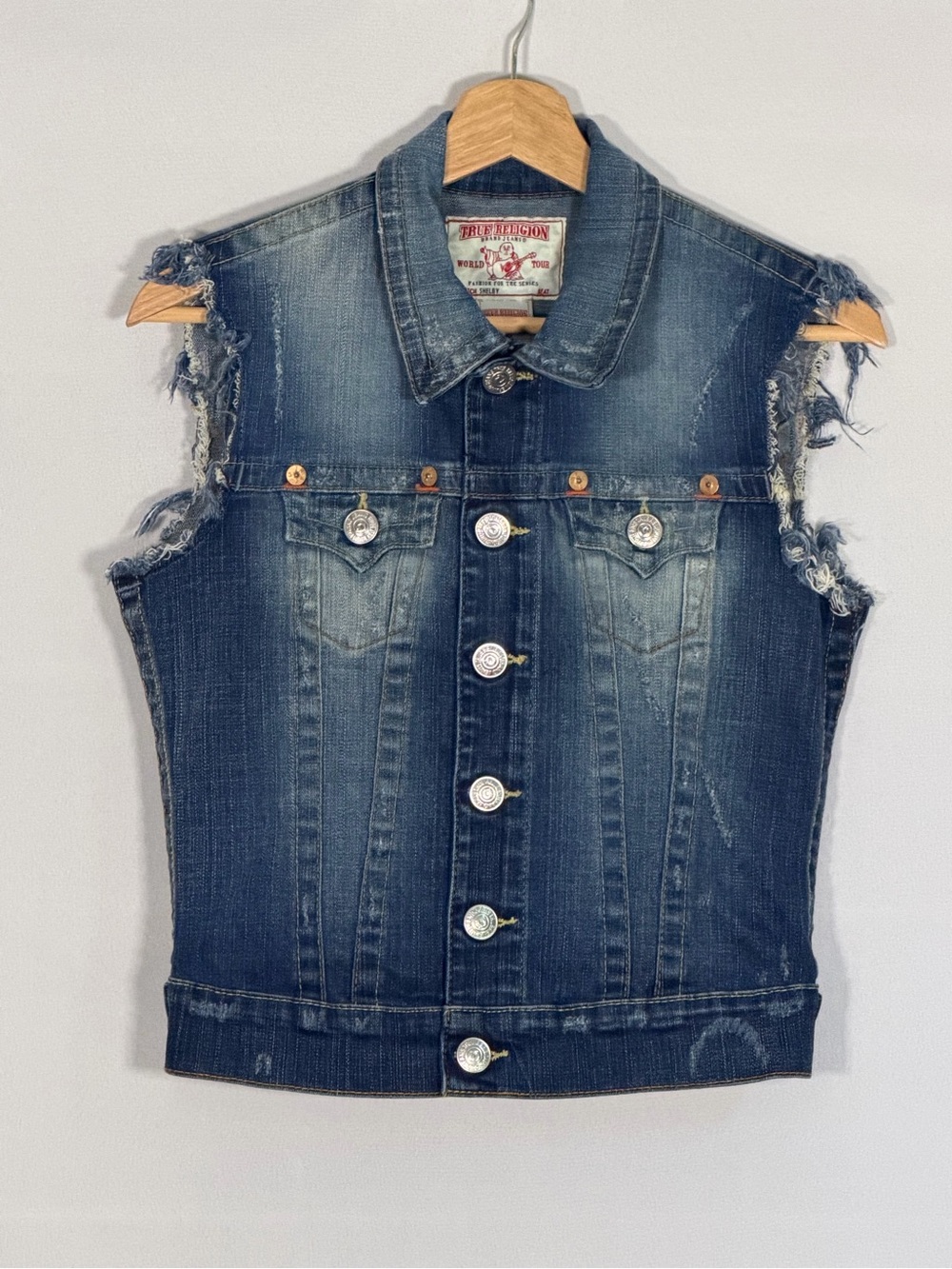 True Religion Shelby Classics Denim Vest XS Y2K Distressed Cutoff Raw Hem Wester